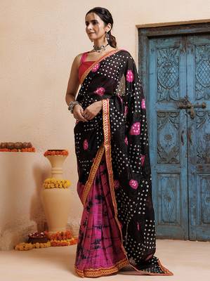 pink-black handcrafted bandhani pre-stitched silk saree 4