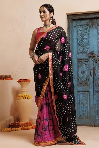 pink-black handcrafted bandhani pre-stitched silk saree