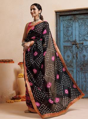 pink-black handcrafted bandhani pre-stitched silk saree 5