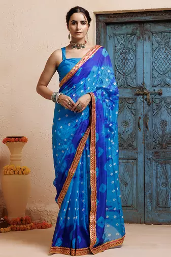 blue handcrafted bandhani pre-stitched silk saree