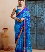blue handcrafted bandhani pre-stitched silk saree