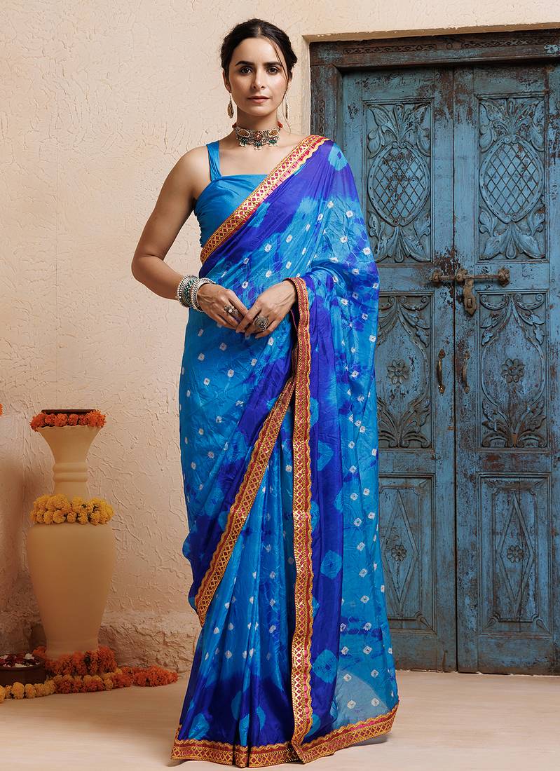 blue handcrafted bandhani pre-stitched silk saree
