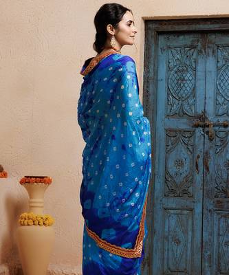 blue handcrafted bandhani pre-stitched silk saree 2