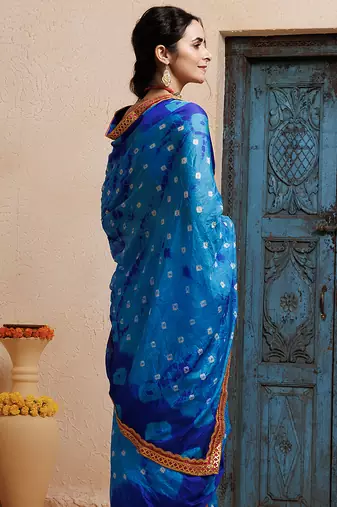 blue handcrafted bandhani pre-stitched silk saree