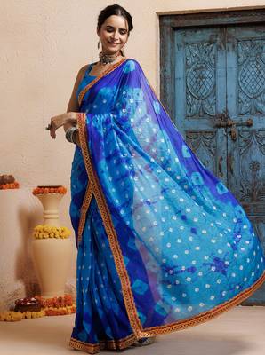 blue handcrafted bandhani pre-stitched silk saree 3