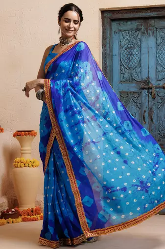 blue handcrafted bandhani pre-stitched silk saree