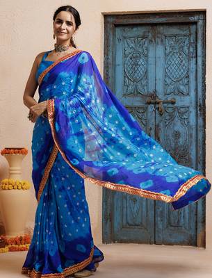 blue handcrafted bandhani pre-stitched silk saree 4