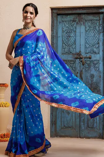 blue handcrafted bandhani pre-stitched silk saree
