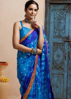 blue handcrafted bandhani pre-stitched silk saree 5