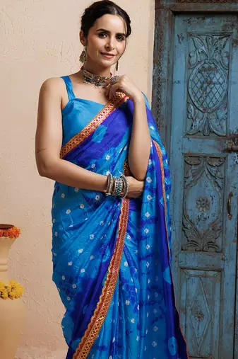 blue handcrafted bandhani pre-stitched silk saree