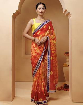 red-yellow handcrafted bandhani pre-stitched silk saree 1
