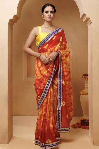 red-yellow handcrafted bandhani pre-stitched silk saree