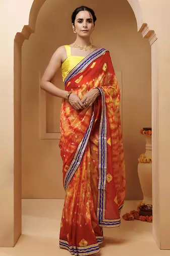 red-yellow handcrafted bandhani pre-stitched silk saree