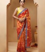 red-yellow handcrafted bandhani pre-stitched silk saree
