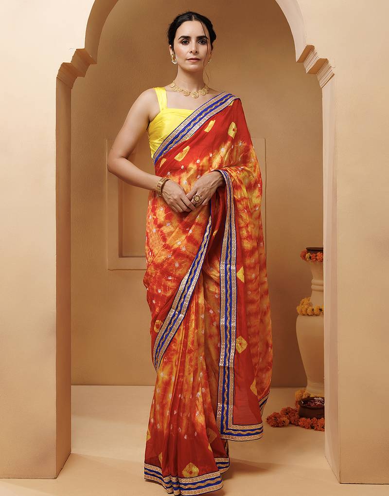 red-yellow handcrafted bandhani pre-stitched silk saree