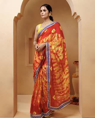 red-yellow handcrafted bandhani pre-stitched silk saree 3