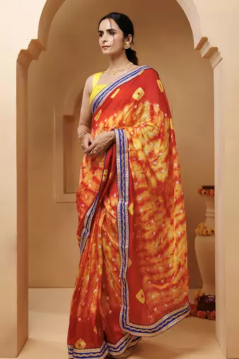 red-yellow handcrafted bandhani pre-stitched silk saree