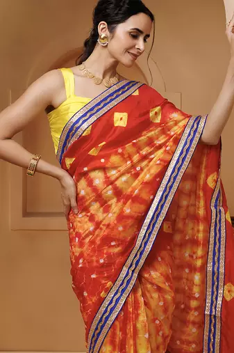 red-yellow handcrafted bandhani pre-stitched silk saree
