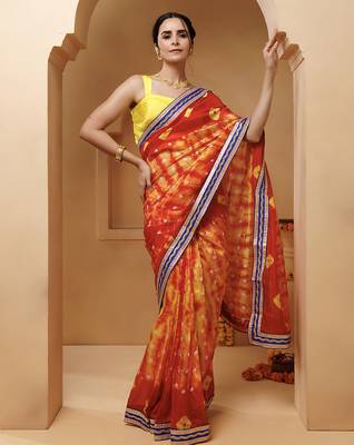 red-yellow handcrafted bandhani pre-stitched silk saree 5