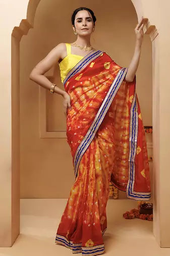 red-yellow handcrafted bandhani pre-stitched silk saree
