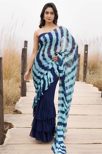 blue ruffled pre-stitched leheriya chiffon saree