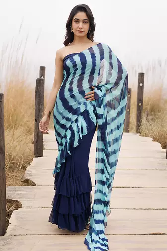 blue ruffled pre-stitched leheriya chiffon saree