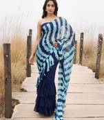 blue ruffled pre-stitched leheriya chiffon saree