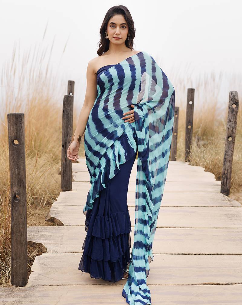 blue ruffled pre-stitched leheriya chiffon saree