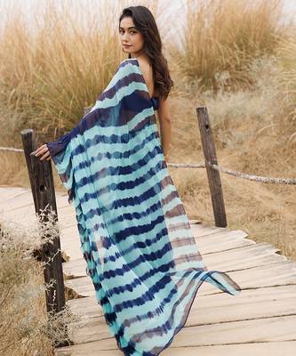 blue ruffled pre-stitched leheriya chiffon saree 3