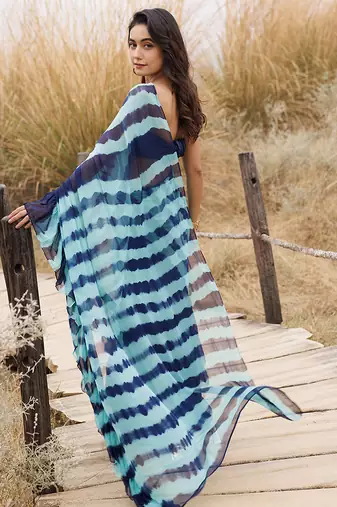 blue ruffled pre-stitched leheriya chiffon saree