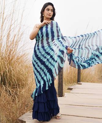 blue ruffled pre-stitched leheriya chiffon saree 4