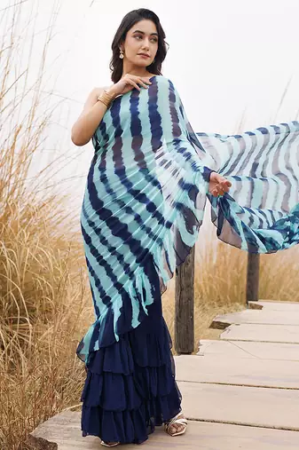 blue ruffled pre-stitched leheriya chiffon saree