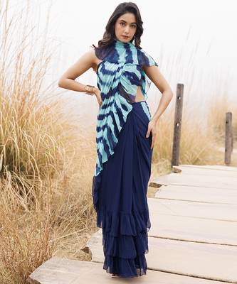 blue ruffled pre-stitched leheriya chiffon saree 5