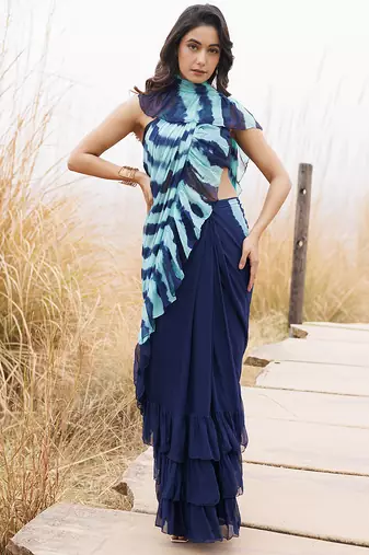 blue ruffled pre-stitched leheriya chiffon saree