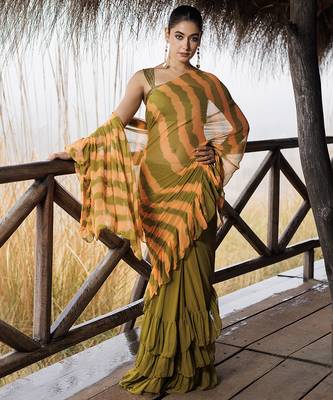 green & orange ruffled pre-stitched leheriya chiffon saree 1