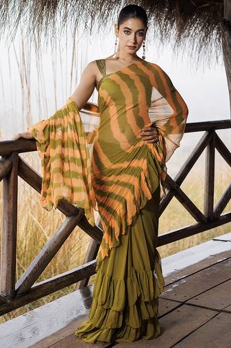 green & orange ruffled pre-stitched leheriya chiffon saree