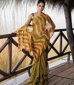 green & orange ruffled pre-stitched leheriya chiffon saree