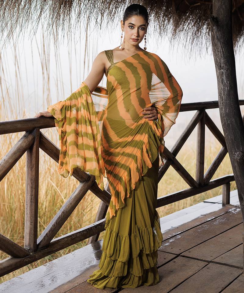 green & orange ruffled pre-stitched leheriya chiffon saree