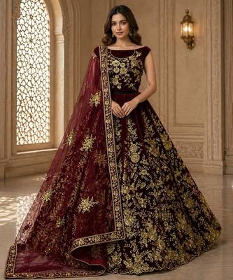 Dark Maroon Color Flower Fancy Embroidered With Sequence Work,Zari And Thread Embroidered Velvet Lehanga Choli 1