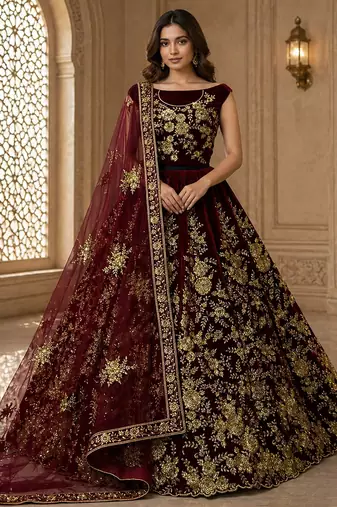 Dark Maroon Flower Fancy Embroidered With Sequin Zari And Thread Embroidered Velvet Lehanga Choli