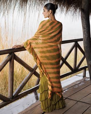 green & orange ruffled pre-stitched leheriya chiffon saree 2