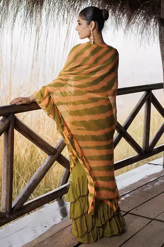 green & orange ruffled pre-stitched leheriya chiffon saree