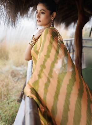 green & orange ruffled pre-stitched leheriya chiffon saree 3