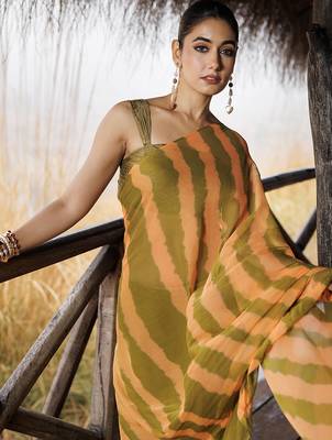 green & orange ruffled pre-stitched leheriya chiffon saree 5