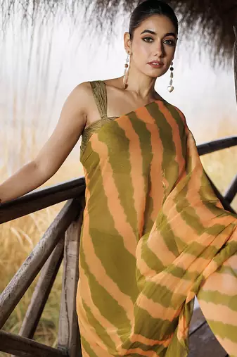 green & orange ruffled pre-stitched leheriya chiffon saree