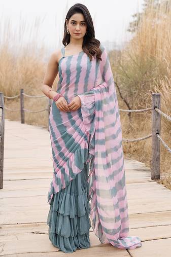 green & pink ruffled pre-stitched leheriya chiffon saree