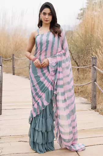 green & pink ruffled pre-stitched leheriya chiffon saree