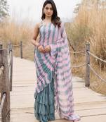 green & pink ruffled pre-stitched leheriya chiffon saree