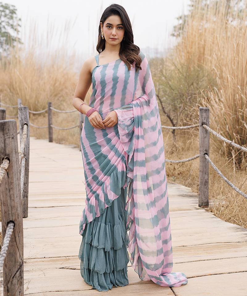 green & pink ruffled pre-stitched leheriya chiffon saree