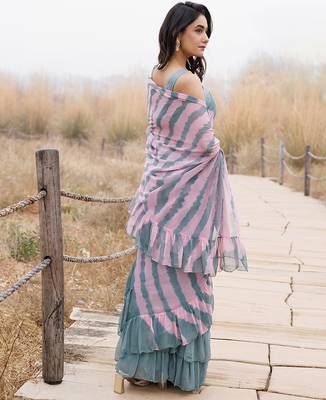 green & pink ruffled pre-stitched leheriya chiffon saree 2